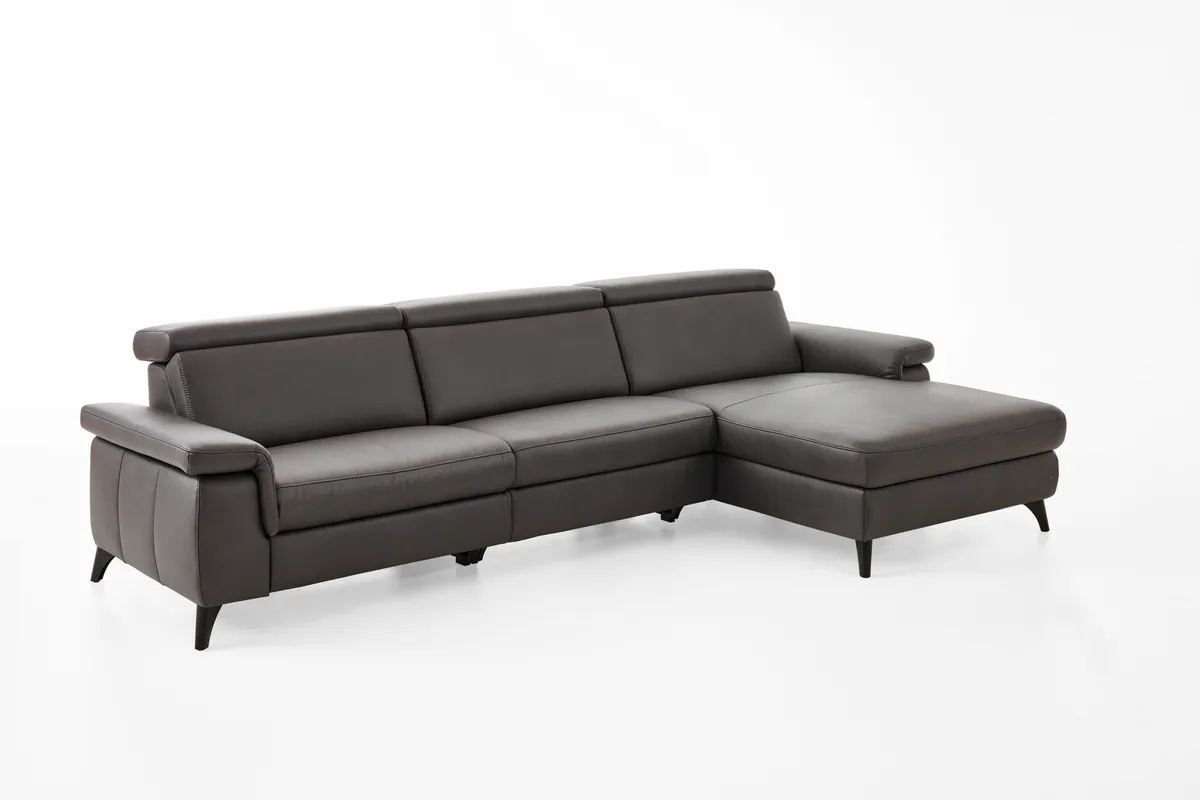 Ecksofa - 2-Sitzer mit Longchair rechts, Leder, Anthrazit