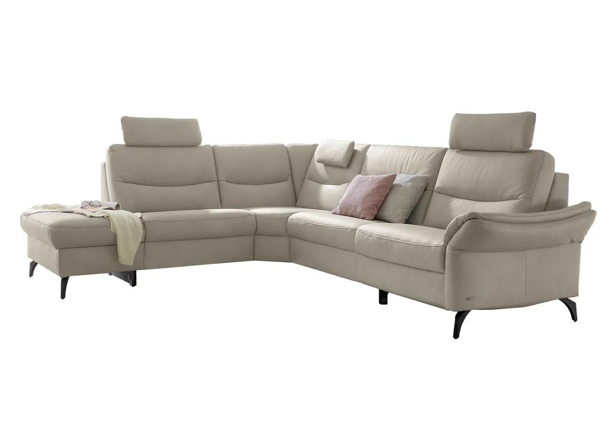 Ecksofa EM Amarante - mit Kopfstützen, Nackenkissen, Ecke links mit 3-Sitzer, Leder, beige