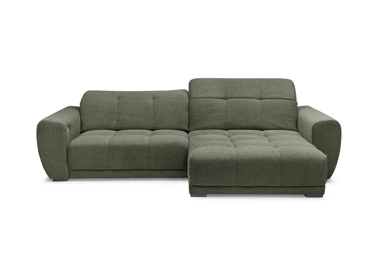 Ecksofa -2-Sitzer mit Longchair rechts, Kopfteil verstellbar, Sitztiefe verstellbar motorisch, Stoff, Moos