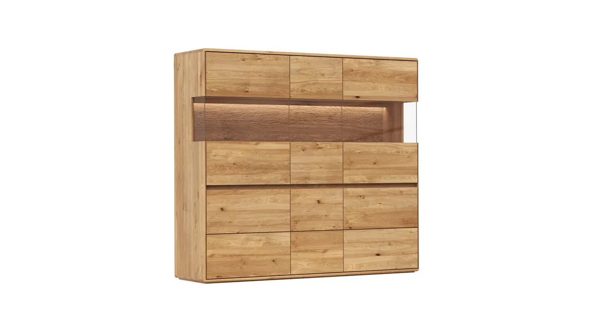 Highboard Hillsboro - inkl. Beleuchtung, Wildeiche natur, geölt