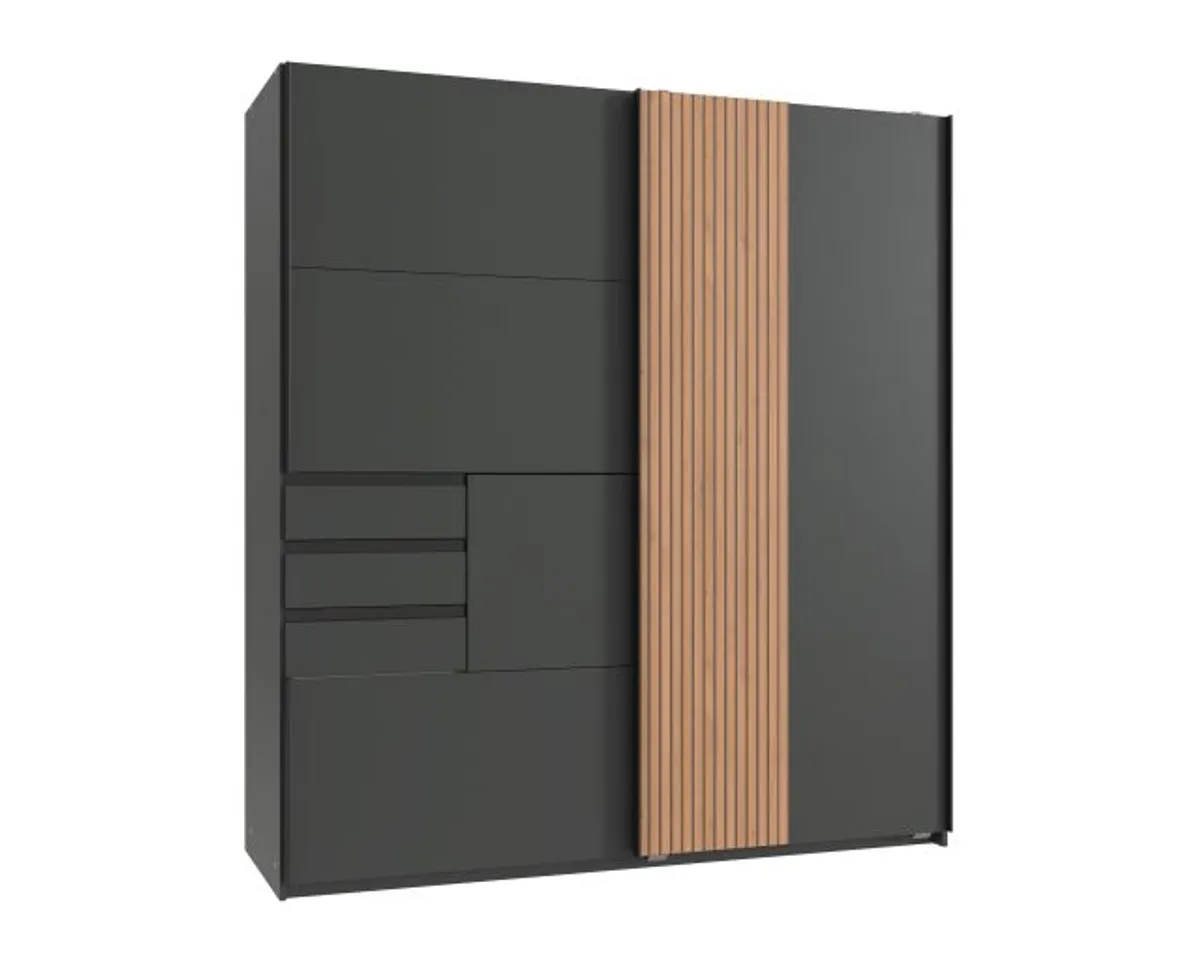 Schwebetürenschrank- B ca. 180 cm, Graphit, Eiche Dekor
