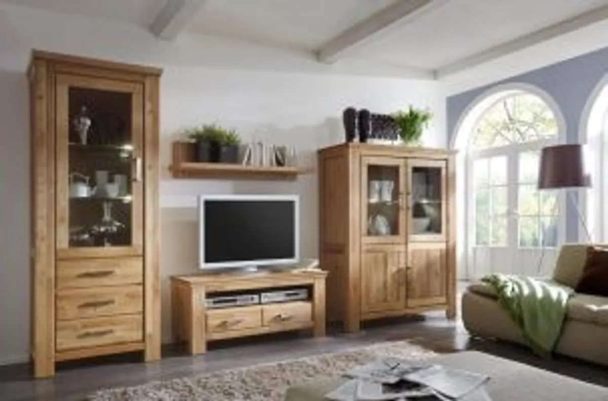 Wohnwand - mit Beleuchtung, Wildeiche teilmassiv