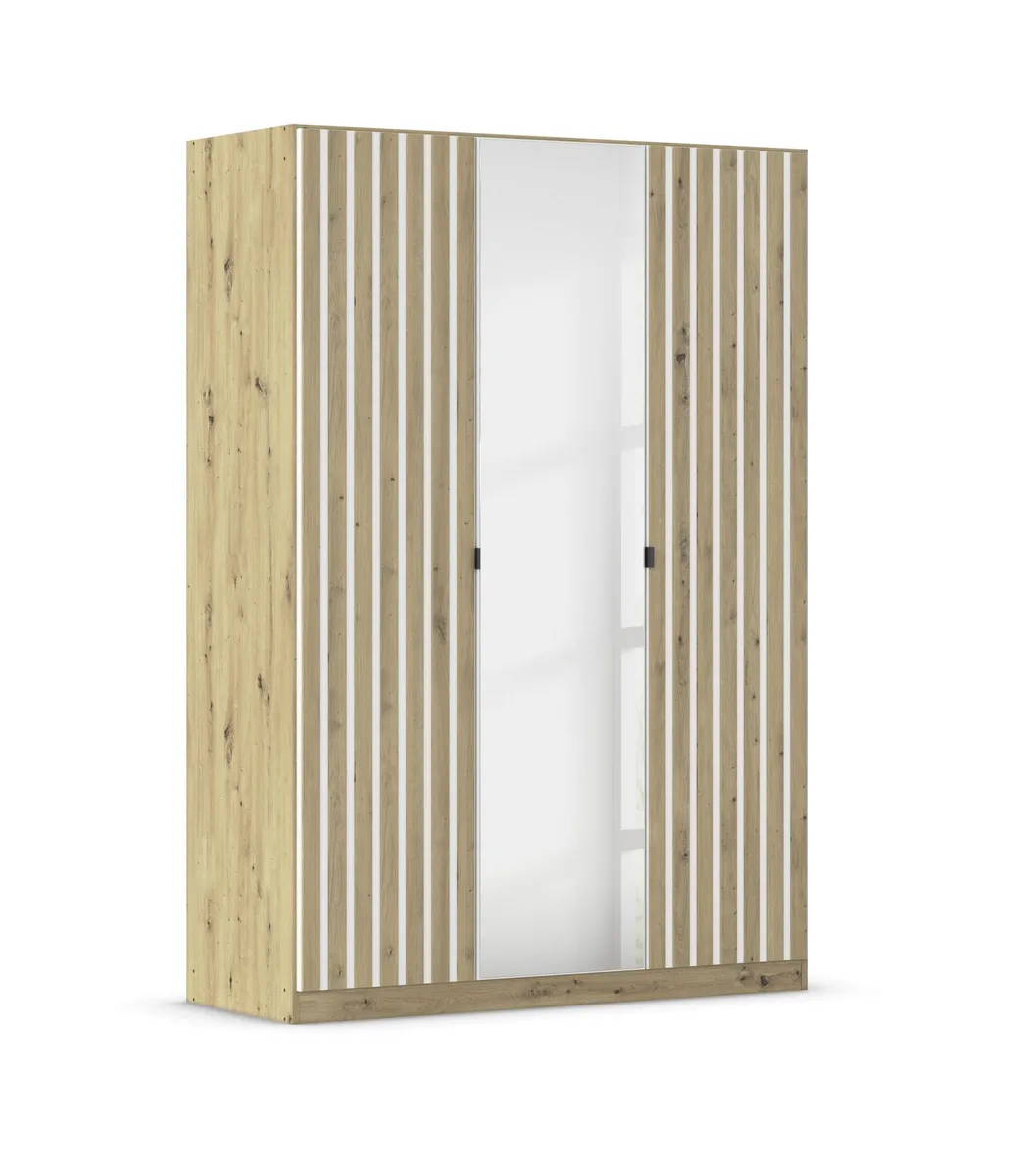 Drehtürenschrank RUERTO- B ca. 136 cm, Eiche Dekor, Weiß, Paneel, Eiche Dekor, Spiegel