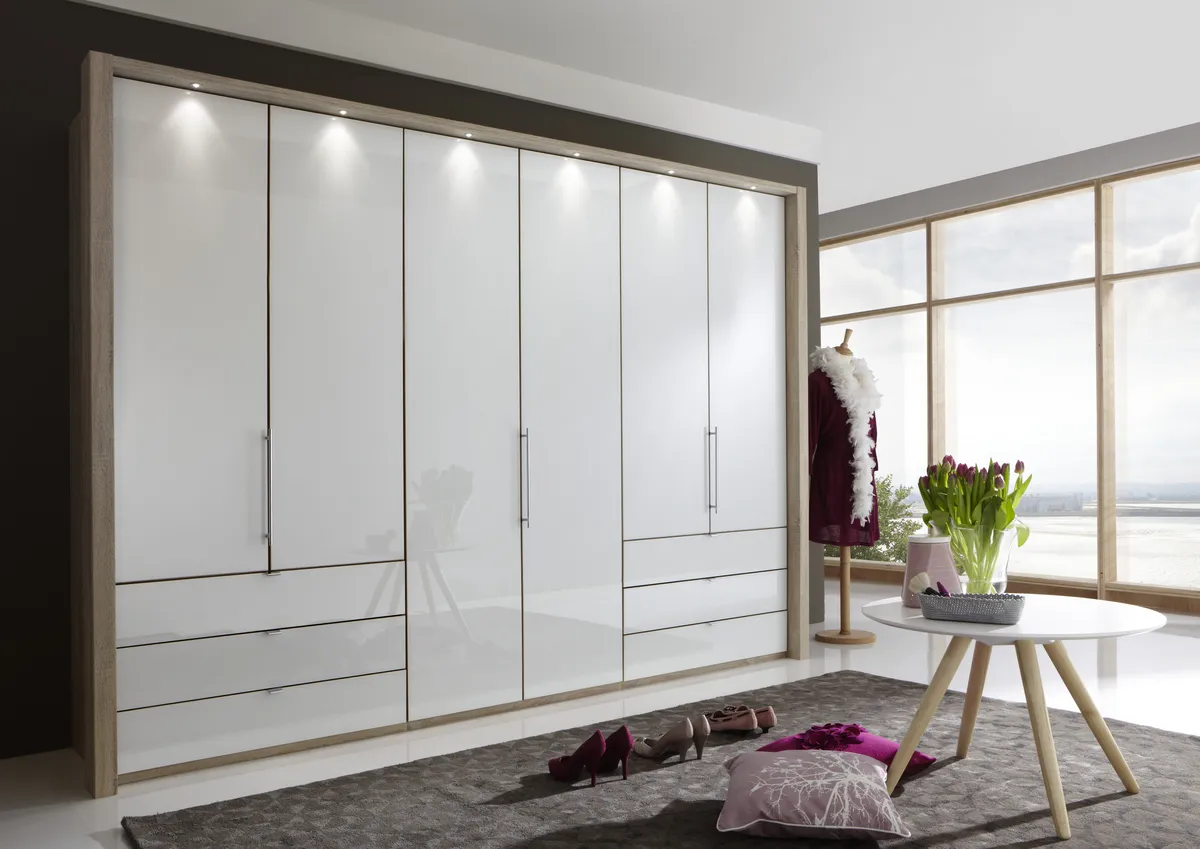 Drehtürenschrank - B ca. 306,4 cm,  Eiche-Sägerau-Nachbildung, Glas Weiß