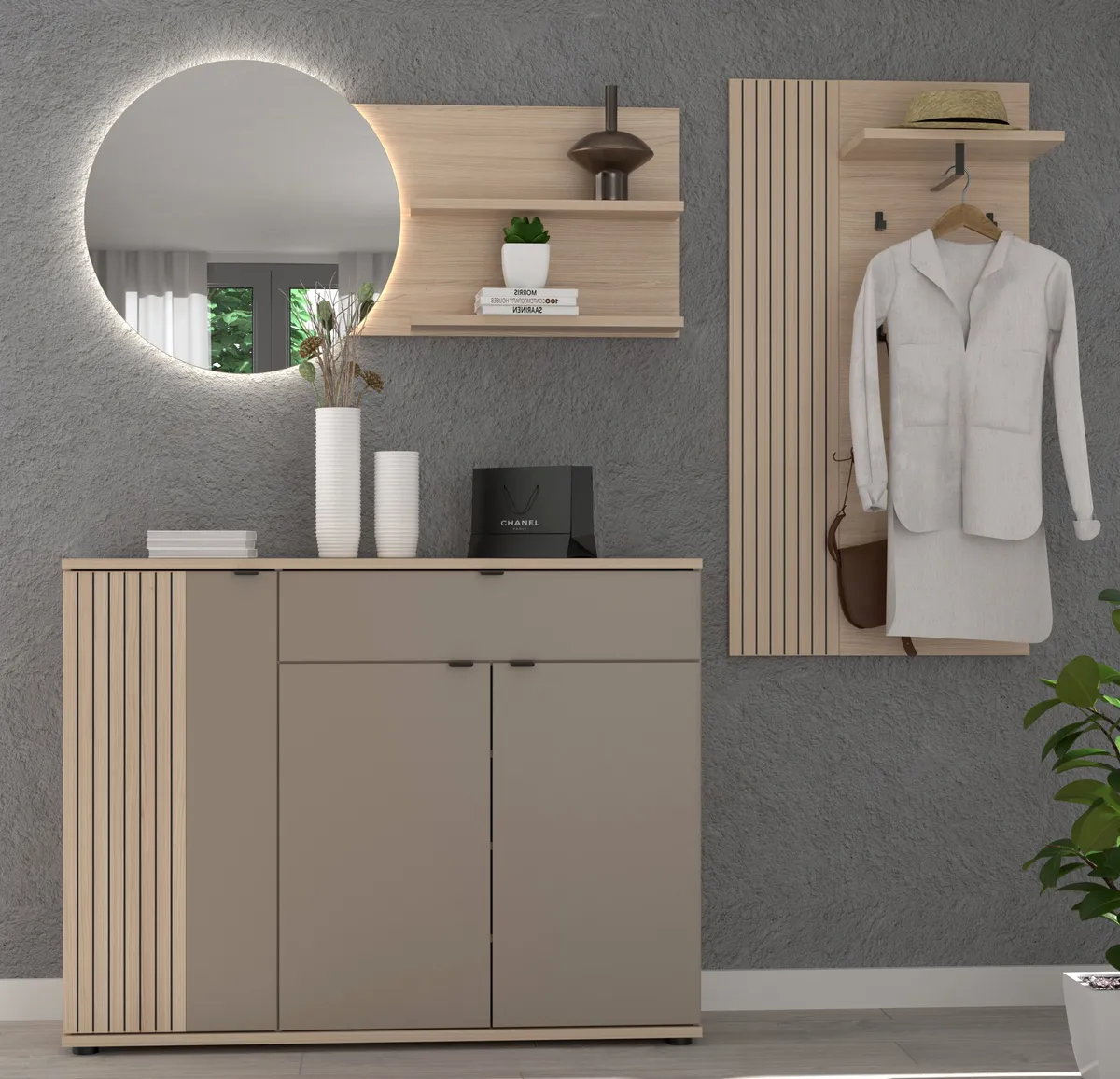Garderobe - mit Beleuchtung, Riva Eiche Nachbildung, Basalt