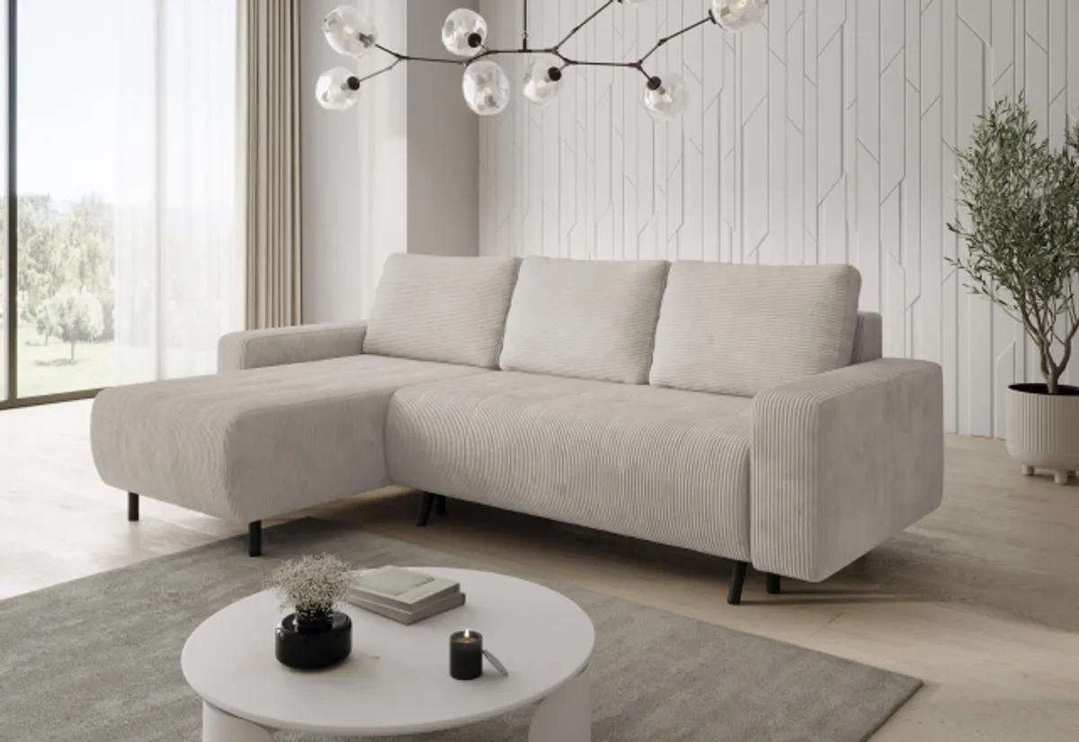 Ecksofa - Ecke links, 2-Sitzer inkl. elektrischer Sitzvorzug, Stoff, Creme