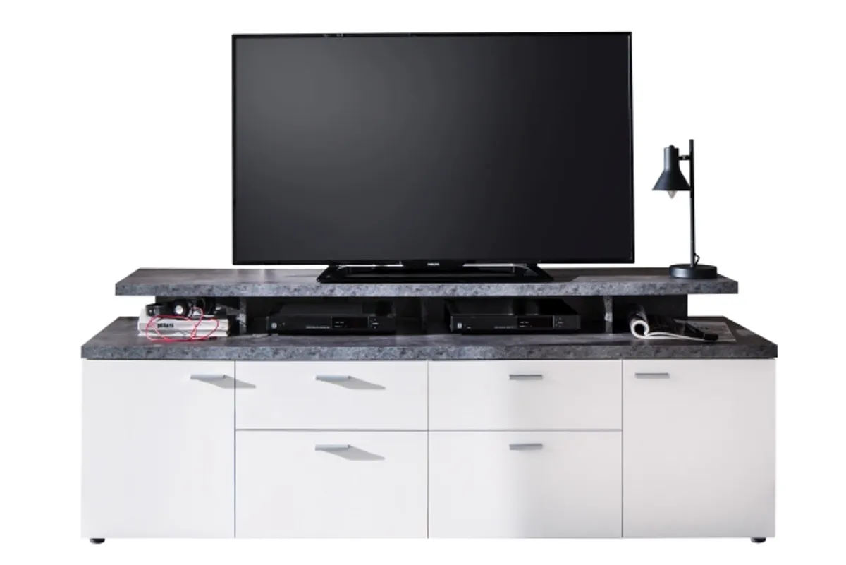TV-Lowboard - B ca. 180 cm, Weiß, Stone dunkel Nachbildung