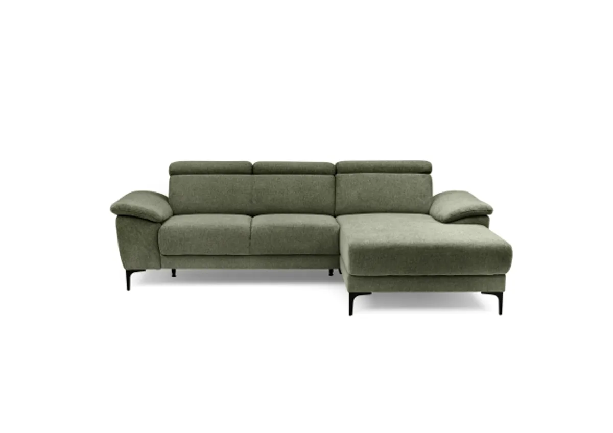 Ecksofa EZRA - 2-Sitzer, Ecke rechts inkl. Kopfteilverstellungen, Relaxfunktion im Longchair, Stoff, Graugrün