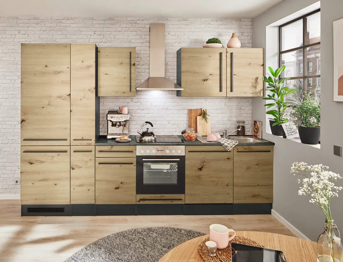 Küchenblock- Inkl. E-Geräte, B ca. 310 cm, Anthrazit, Eiche Dekor