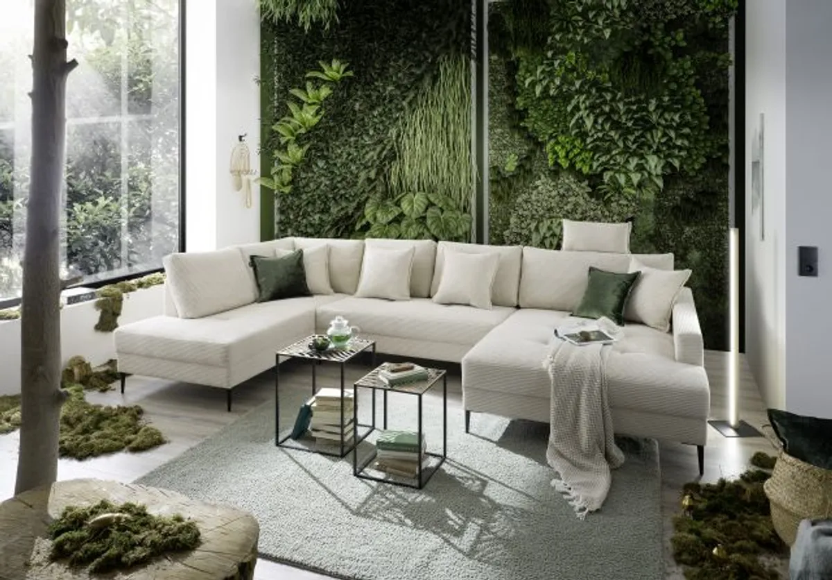 Wohnlandschaft - Ecke links, 2-Sitzer, Longchair rechts, Stoff, Beige