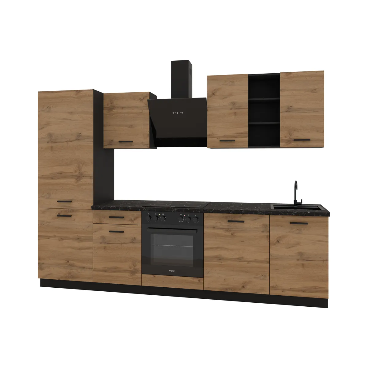 Küchenblock- ohne E-Geräte, B ca. 280 cm, Schwarz, Eiche Dekor