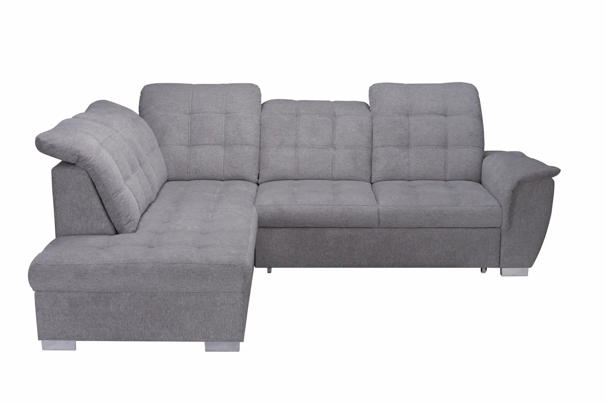 Ecksofa - Ecke links, 2-Sitzer inkl. Schlaffunktion und Bettkasten, verstellbare Kopfstützen, Stoff, Grau