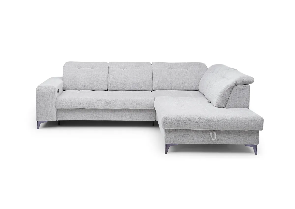 Ecksofa -2-Sitzer mit Ecke rechts, Kopfteil verstellbar, Sitztiefe verstellbar motorisch, Stoff, Hellgrau