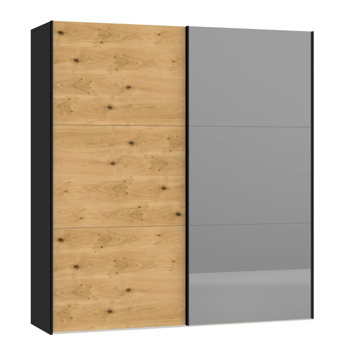 Schwebetürenschrank JOIN IT- B ca. 202 cm., Schwarz, Eiche, Furniert, Spiegel, Dunkel