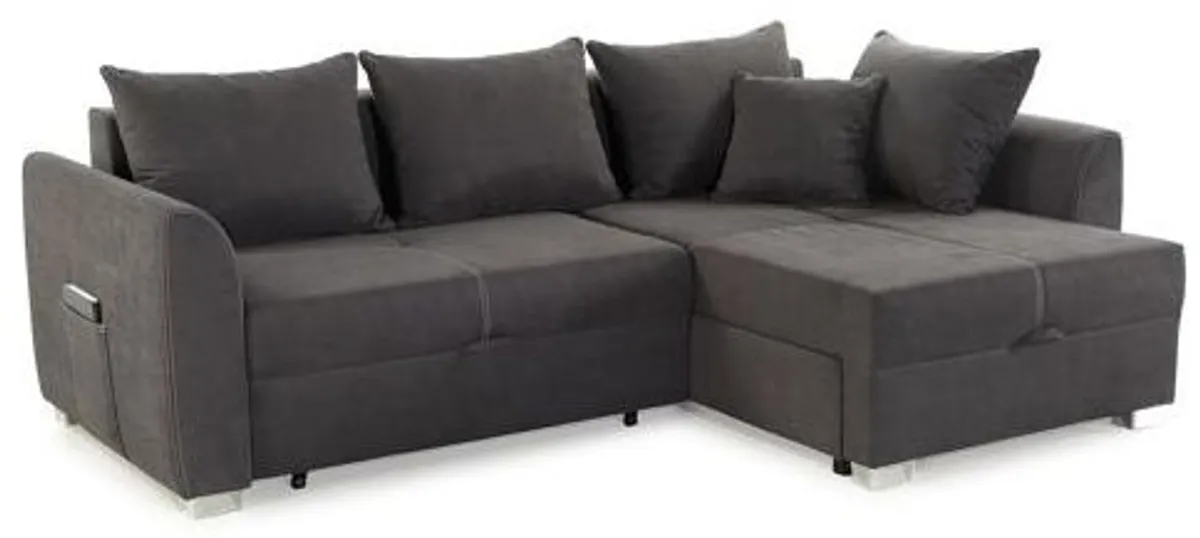 Ecksofa - 2-Sitzer, Ecke rechts inkl. Schlaffunktion mit Bettkasten, Stoff, Grau