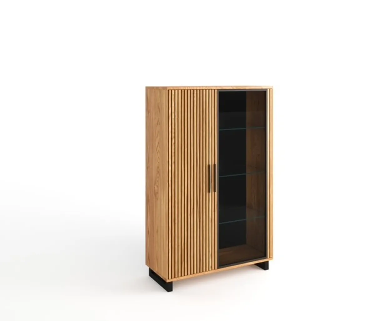 Highboard- Eiche furniert, Schwarz, Glas