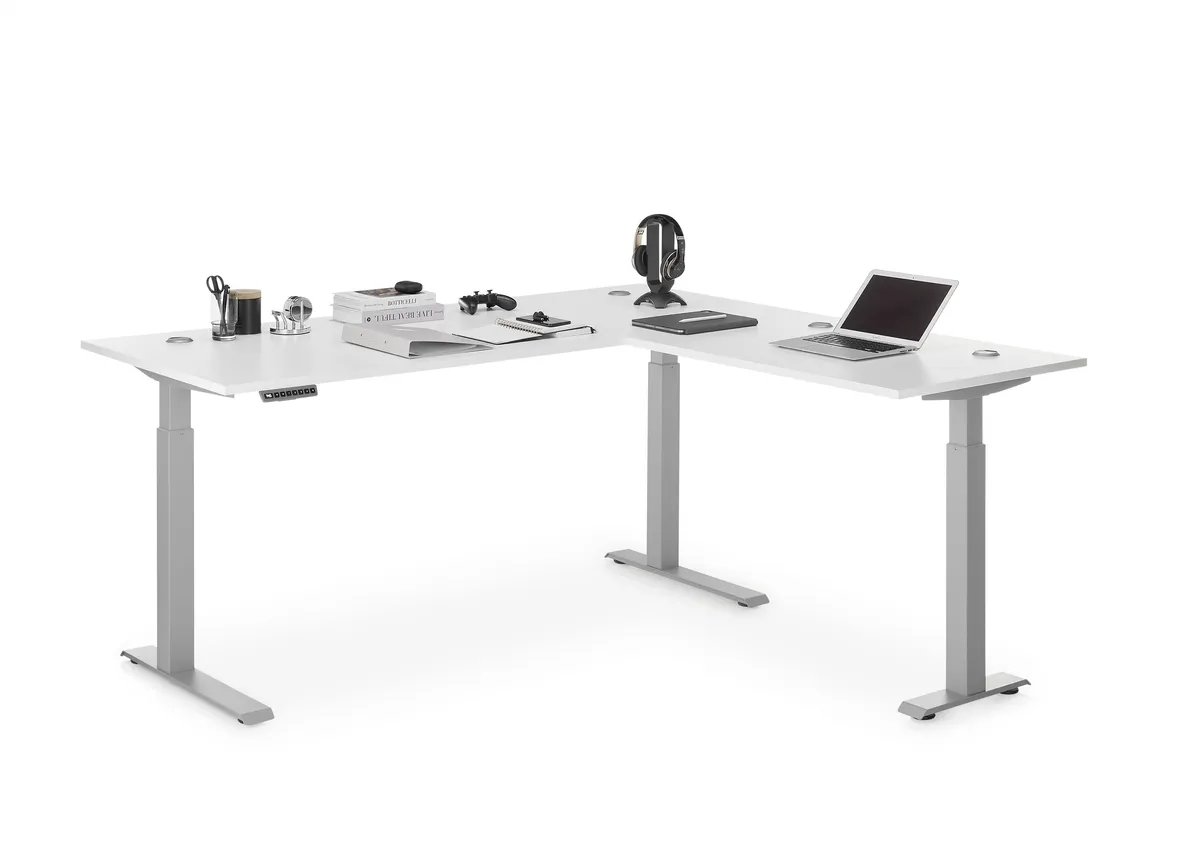 Winkelschreibtisch - höhenverstellbar, LB ca. 185x177 cm, Weiß, Silberfarben