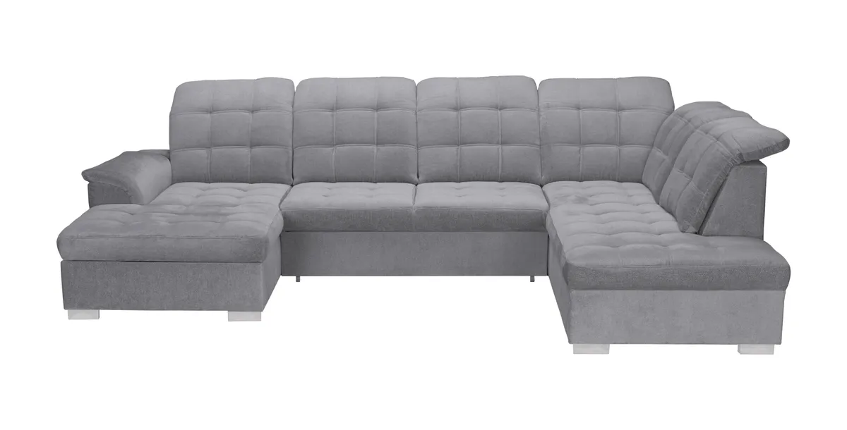 Wohnlandschaft - Longchair links, 1,5-Sitzer, Ecke rechts inkl. Schlaffunktion und Bettkasten, verstellbare Kopfstützen, Stoff, Grau