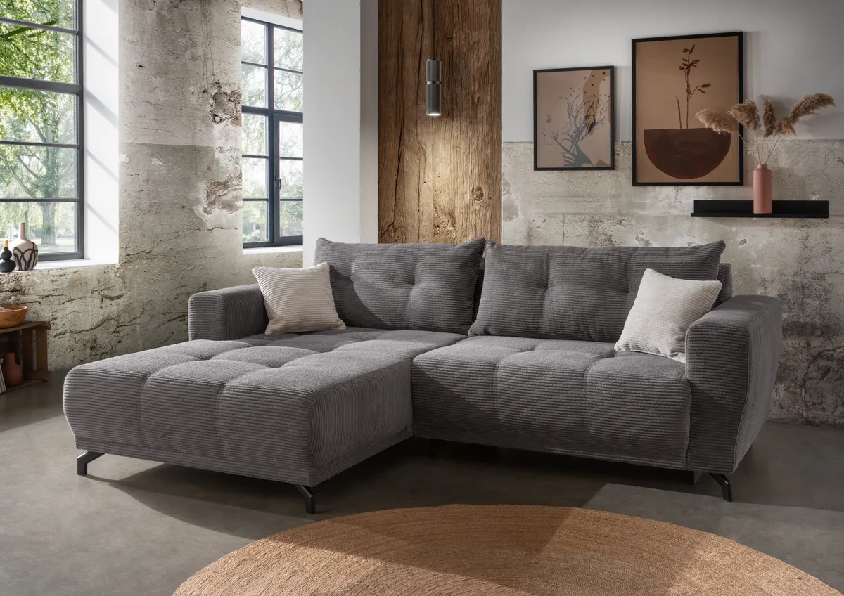 Ecksofa - Ecke links, 2-Sitzer, inkl. motorische Sitztiefenverstellung, Stoff, Dunkelgrau