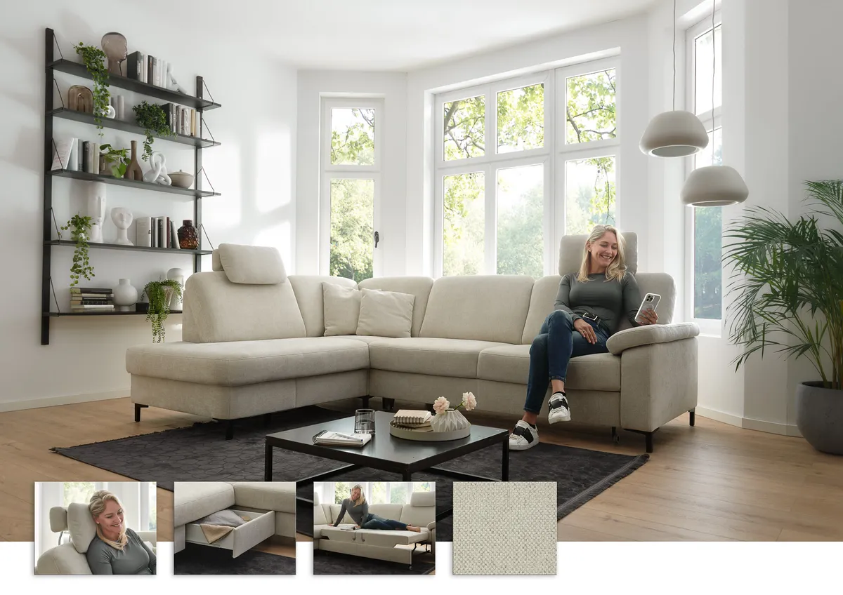 Ecksofa - Ecke links, 3-Sitzer inkl. Schlaffunktion mit Bettkasten, Premiumkopfstützen, 2 ZierkissenStoff, Beige