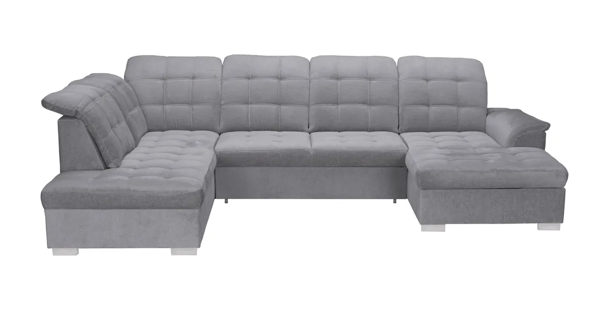 Wohnlandschaft - Ecke links, 2-Sitzer, Longchair rechts inkl. Schlaffunktion und Bettkasten, verstellbare Kopfstützen, Stoff, Grau