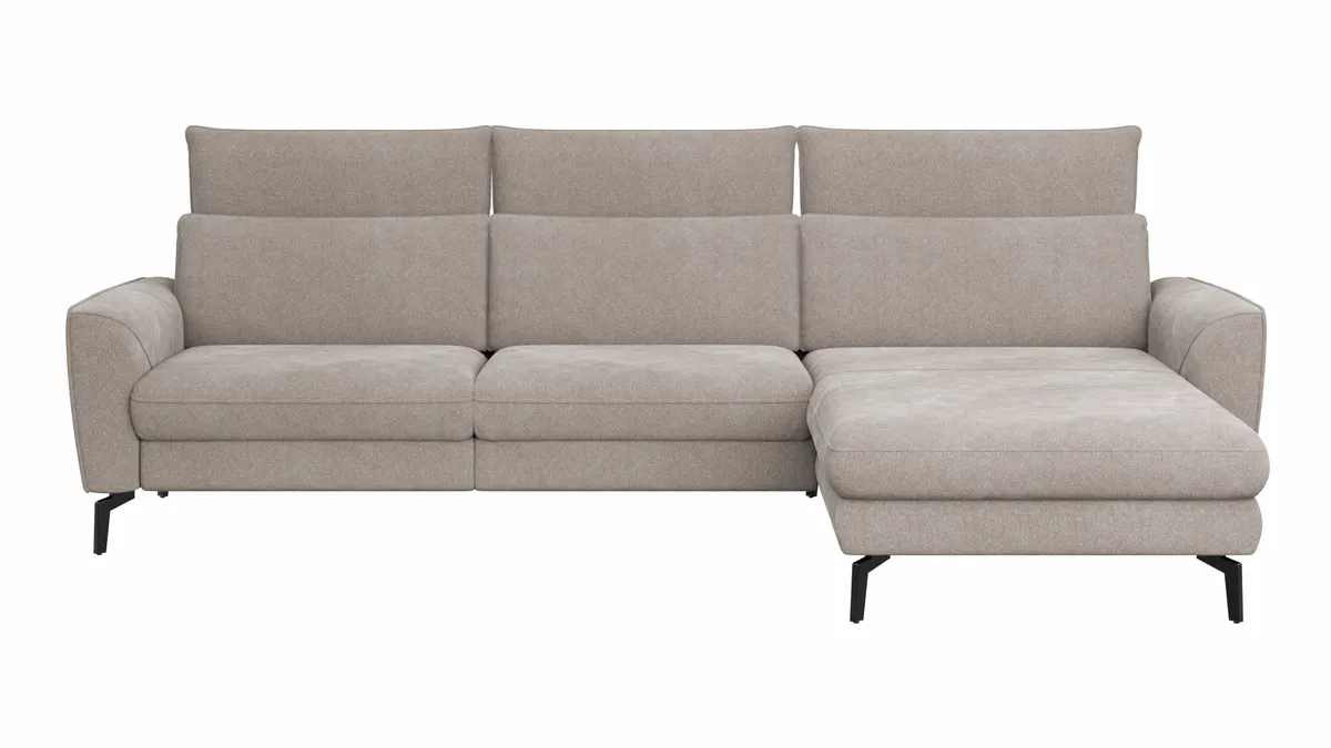 Ecksofa Avela - 2,5-Sitzer mit Longchair rechts inkl. Kopfteile verstellbar, Stoff, Bisquit