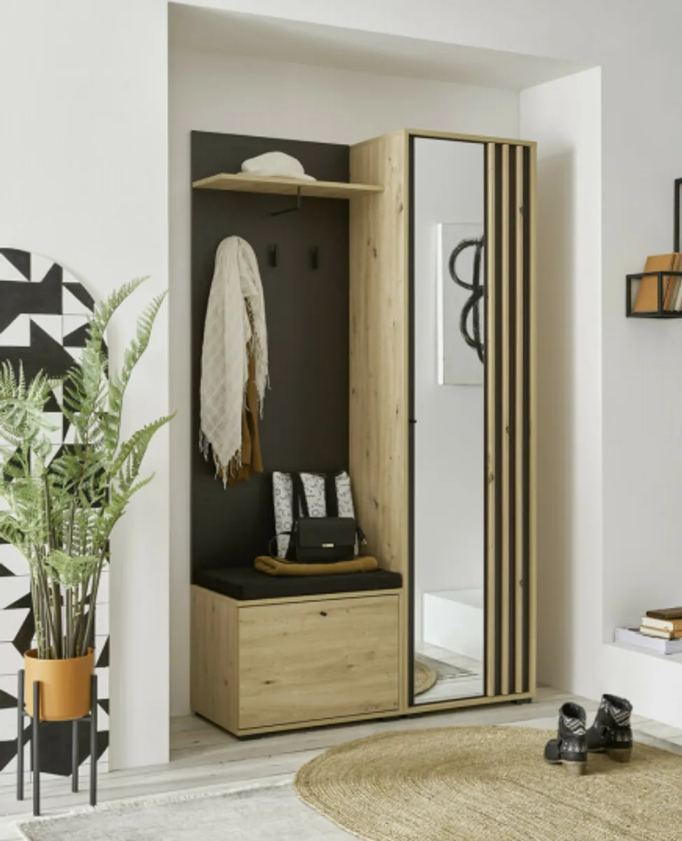 Kompaktgarderobe- Eiche Dekor, Schwarz