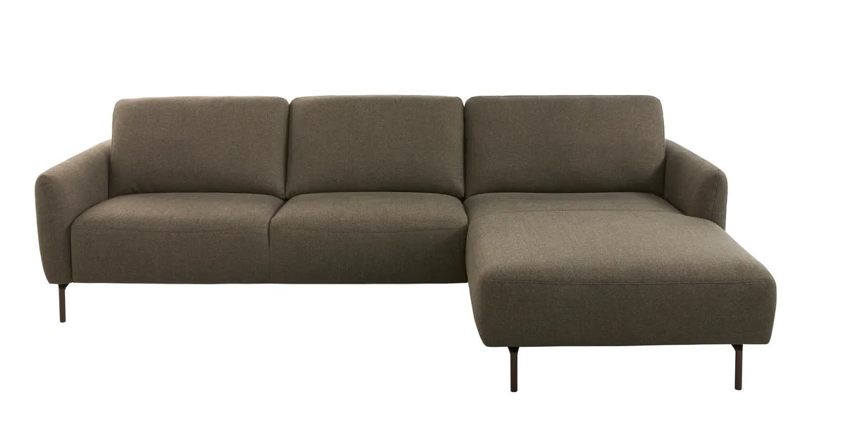 Ecksofa Leona - 3-Sitzer mit Longchair rechts inkl. Sitzvorzug motorisch, Stoff, Braungrün