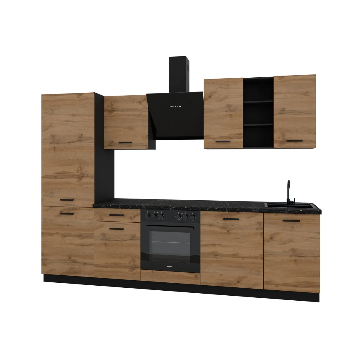 Küchenblock- ohne E-Geräte, B ca. 280 cm, Schwarz, Eiche Dekor