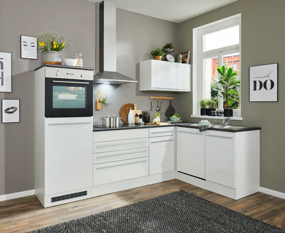 Küchenblock Eck- Inkl. E-Geräte, B ca. 260 cm, Weiß Matt, Weiß Hochglanz
