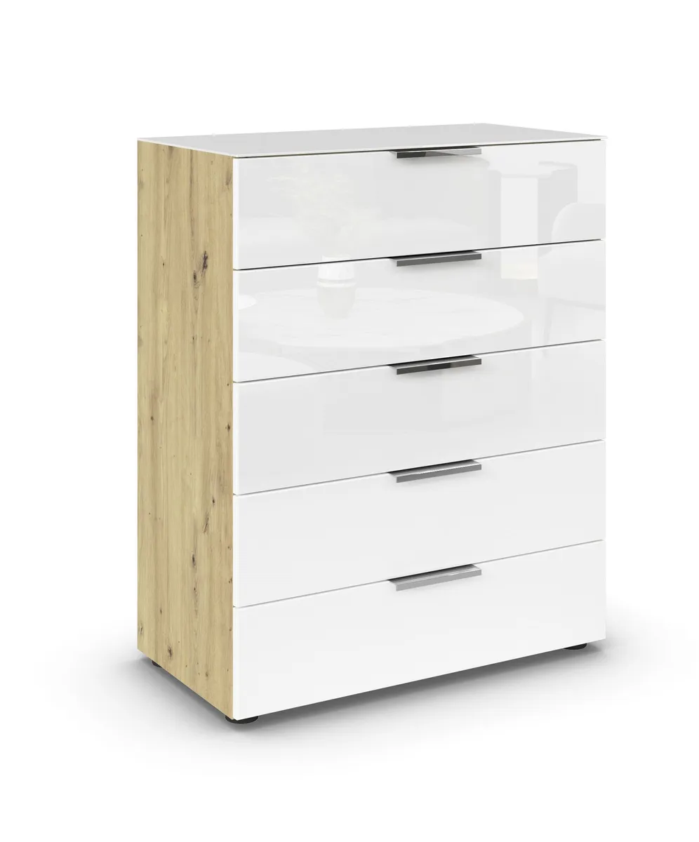 Kommode RIPP- Eiche Dekor, Glas, Weiß