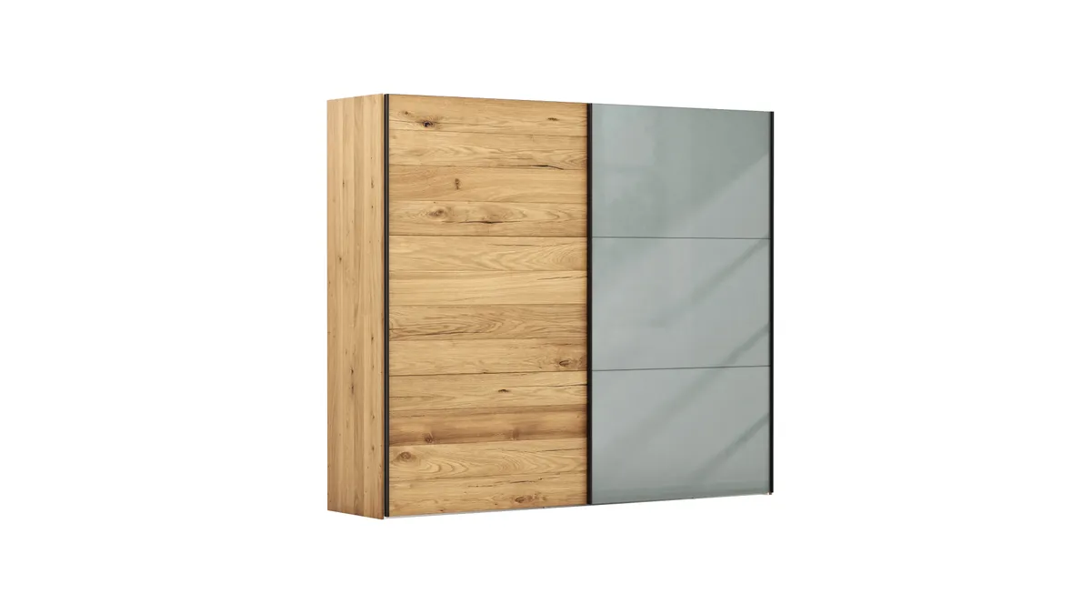 Schwebetürenschrank Colorado - B. ca. 257 cm, Eiche, Glas Graugrün