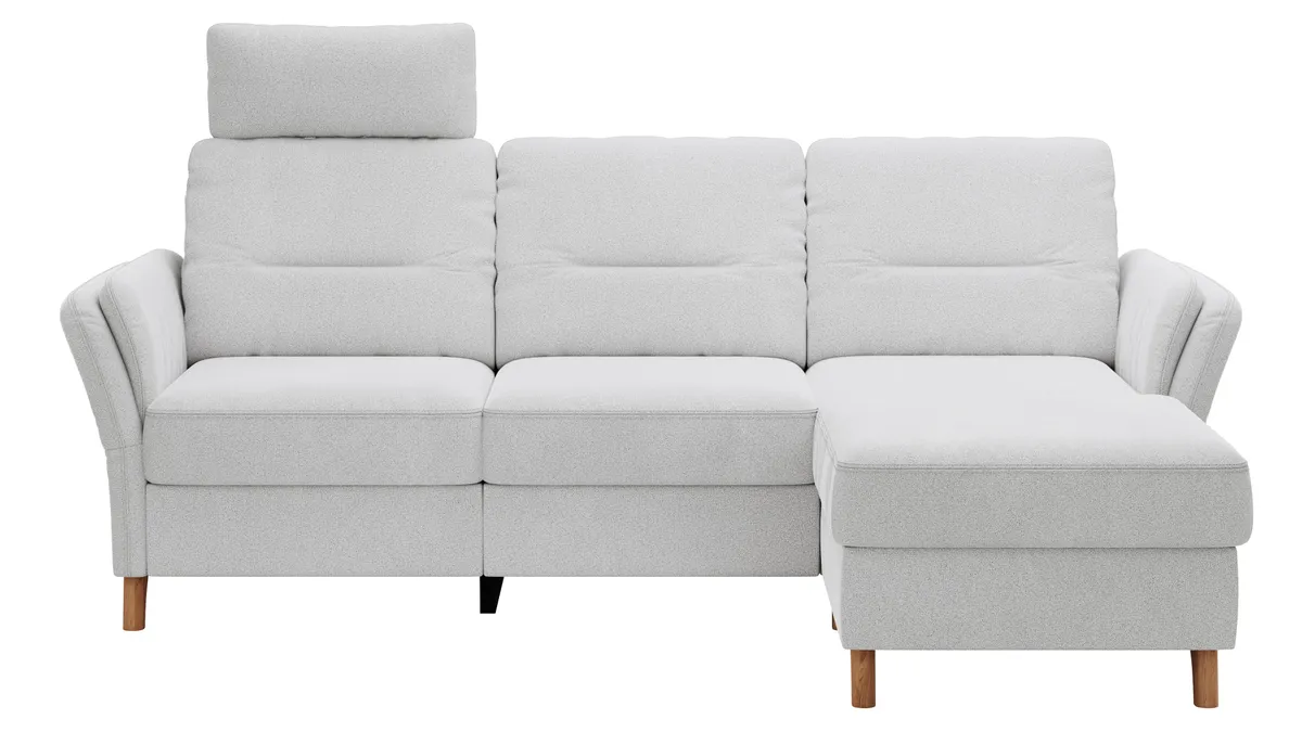 Ecksofa Vayra - 2,5-Sitzer mit Longchair rechts, inkl. Relaxfunktion (motorisch) und Kopfstütze verstellbar (manuell), Stoff, Offwhite