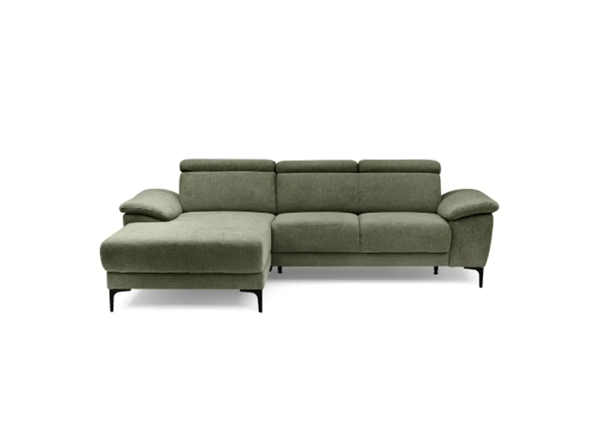 Ecksofa EZRA - Ecke links, 2-Sitzer inkl. Kopfteilverstellungen, Sitzvorzug, Stoff, Graugrün
