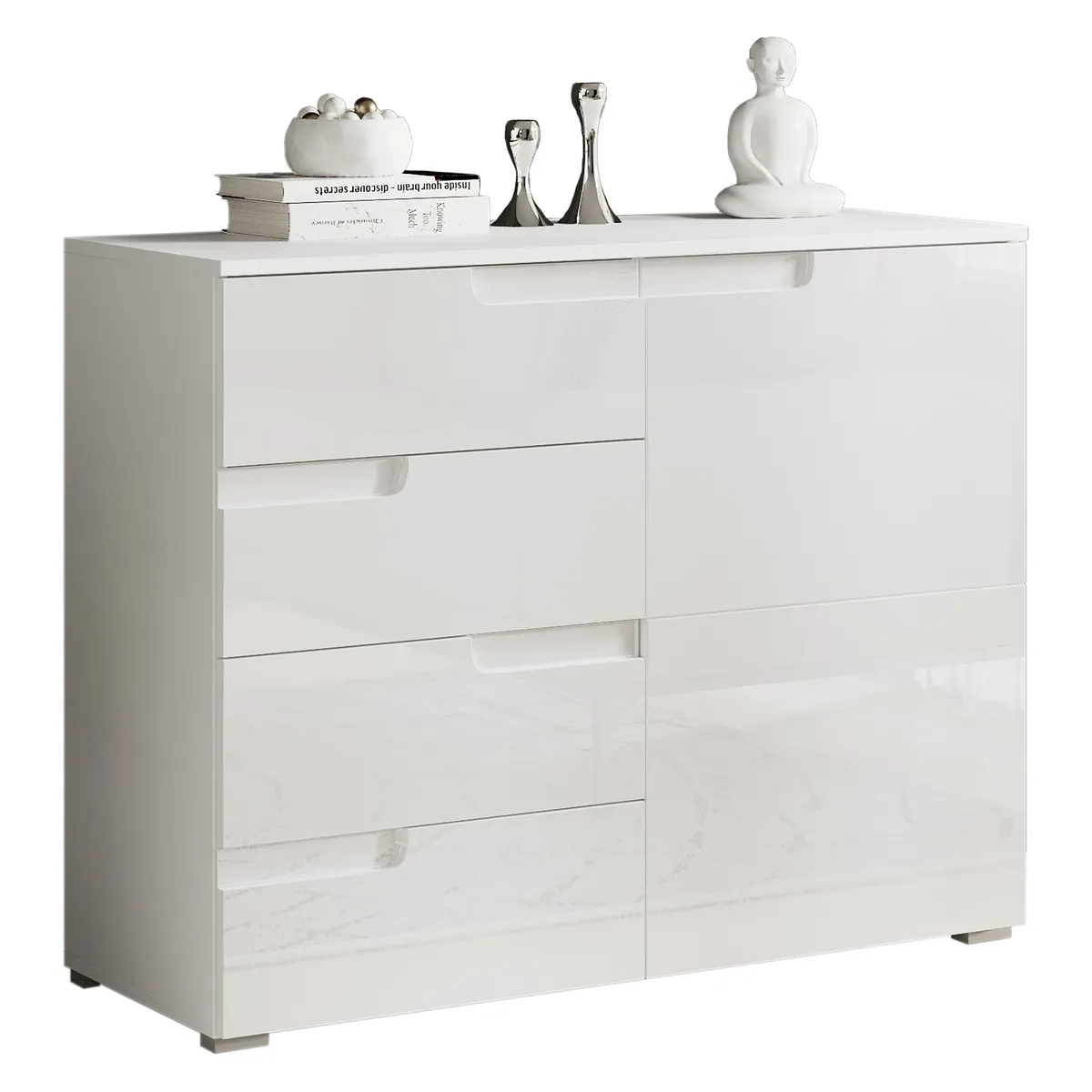 Kommode - B ca. 100 cm, Weiß, Weiß Hochglanz