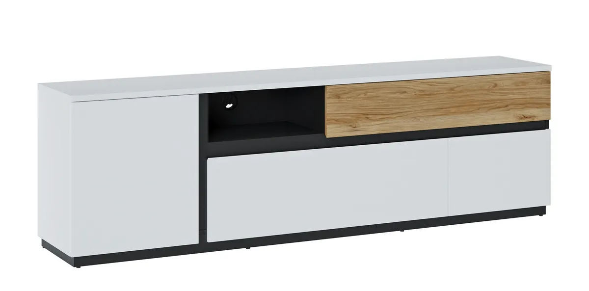 TV-Unterteil - B ca. 210,5 cm, Weiß, Eiche Nachbildung, Schwarz matt