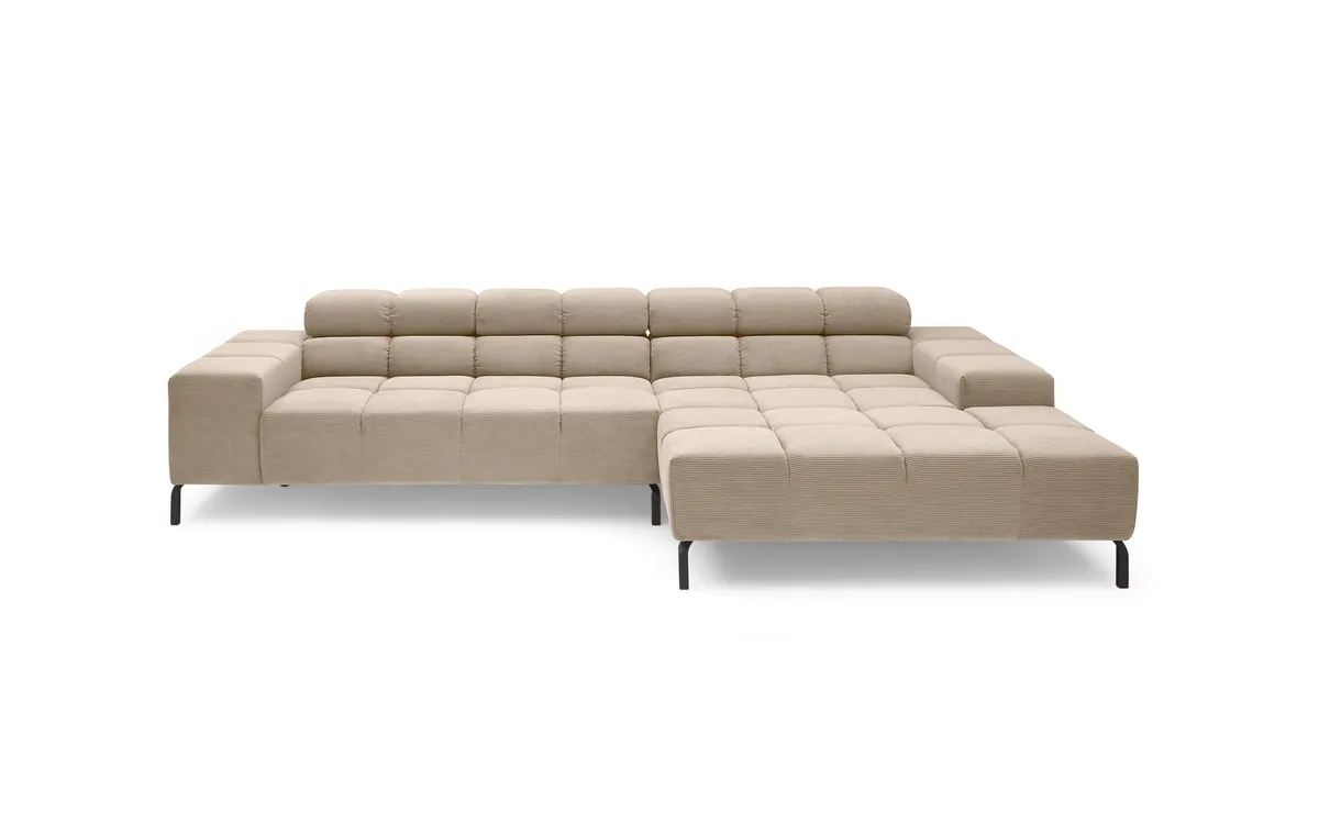 Ecksofa CLIVIA - 2-Sitzer mit Longchair rechts, Kopfteil verstellbar, Feincord,  Sand