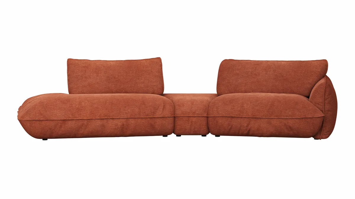 Trapezsofa Fluffy - 2-Sitzer mit Trapezelement und Abschlussteil inkl. Rückenlehne verstellbar, Stoff, Kupfer