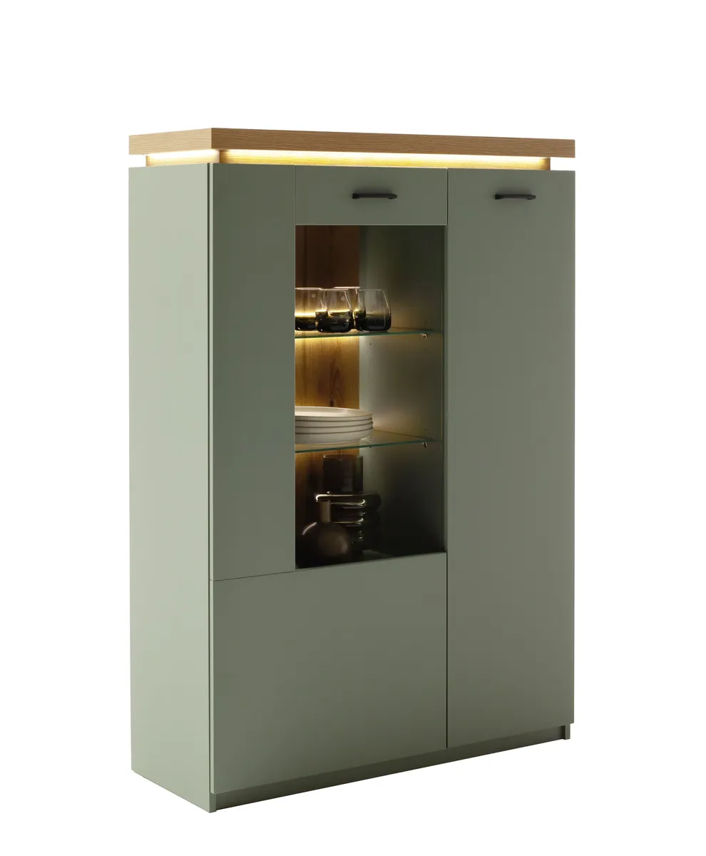 Highboard - mit Beleuchtung, B ca. 98 cm, Salbeigrün, Eiche Evoke Nachbildung