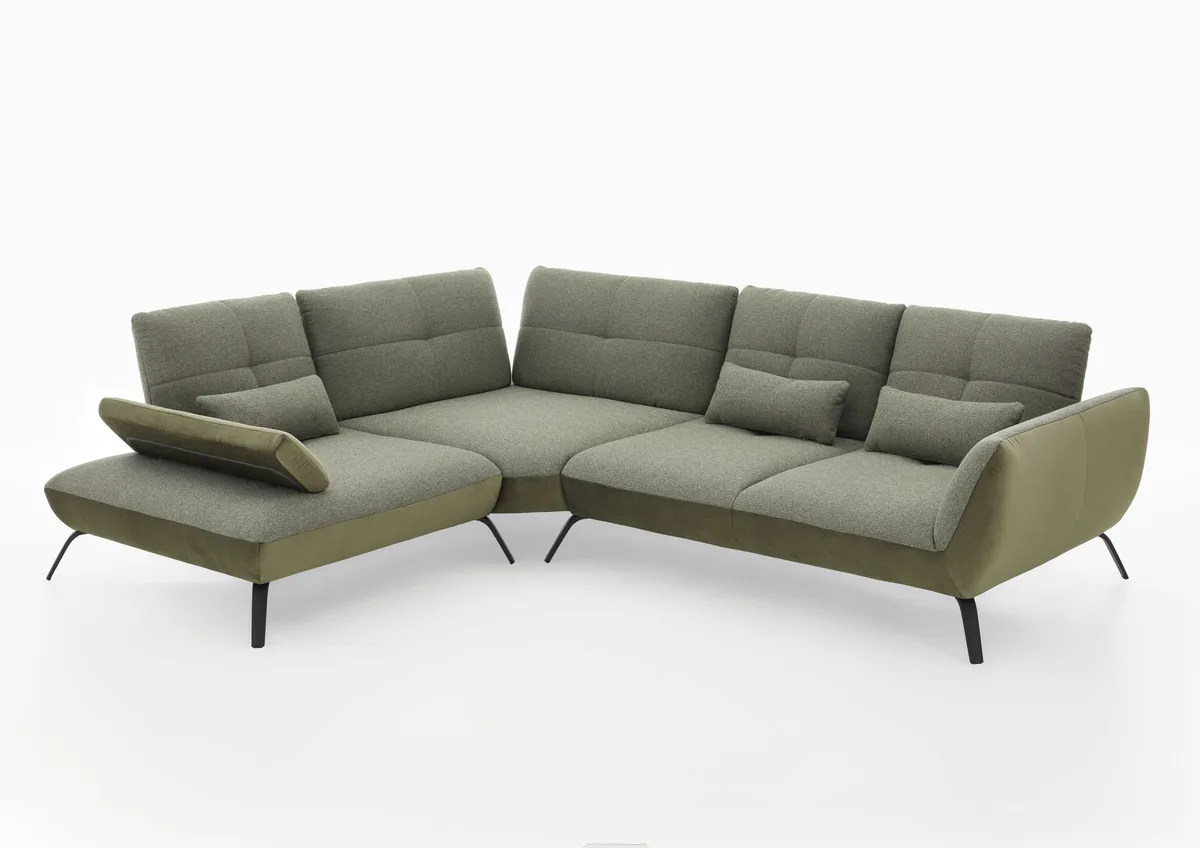 Sofa - 1-Sitzer mit Trapezecke und 3-Sitzer, inkl. Schwenkrücken und Nierenkissen, Stoff, Olivgrün