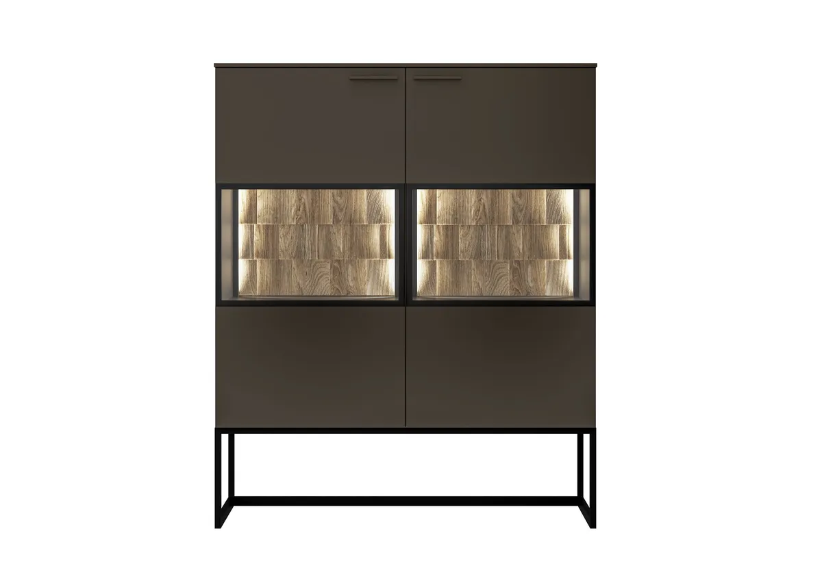 Highboard - mit Beleuchtung, Lack, Graubraun