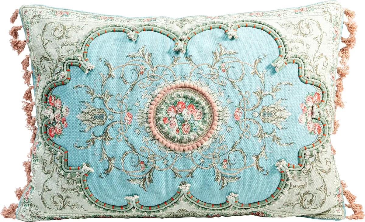 Deko-Kissen - LB ca. 60x40 cm,  Blütenmotiv, Ornamente, Weiß, Blau