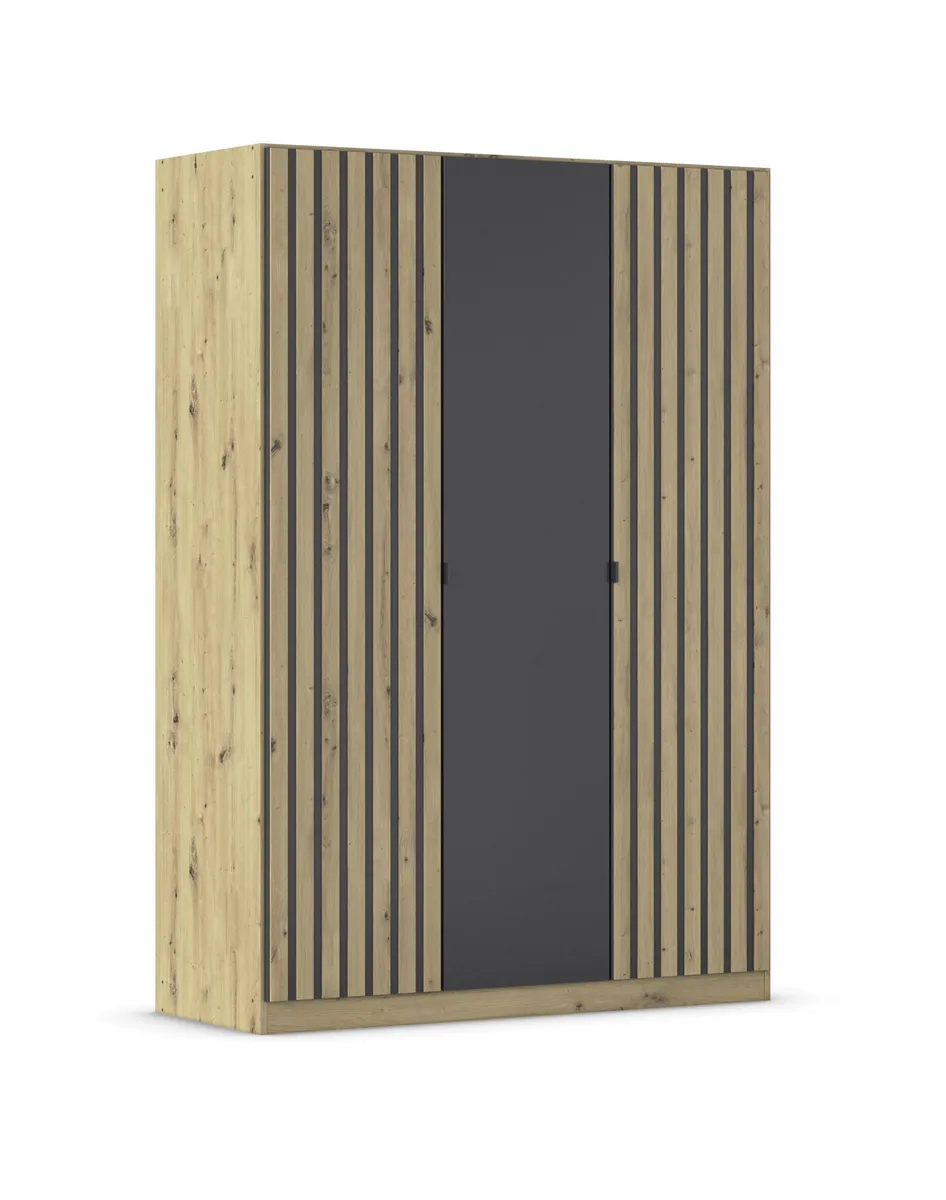 Drehtürenschrank RUERTO- B ca. 136 cm, Eiche Dekor, Dunkelgrau, Paneel, Eiche Dekor
