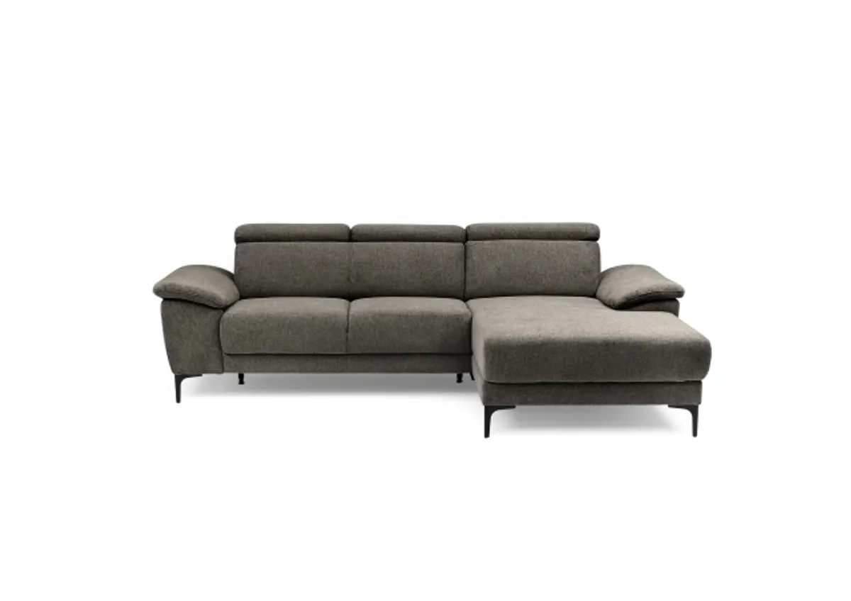 Ecksofa EZRA - 2-Sitzer, Ecke rechts inkl. Kopfteilverstellungen, Sitzvorzug, Relaxfunktion, Stoff, Braun