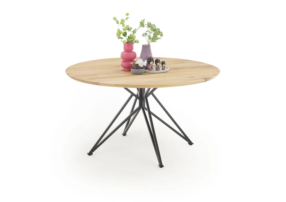 Esstisch - Ø/H ca. 140x75 cm, Zerreiche massiv geölt, Schweizer Kante, Schwarz