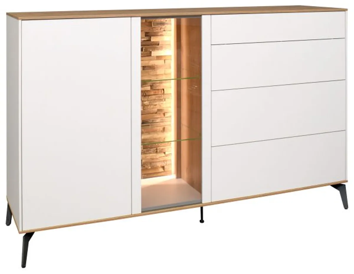 Sideboard - B ca. 169 cm, Weiß, Asteiche, Schwarz