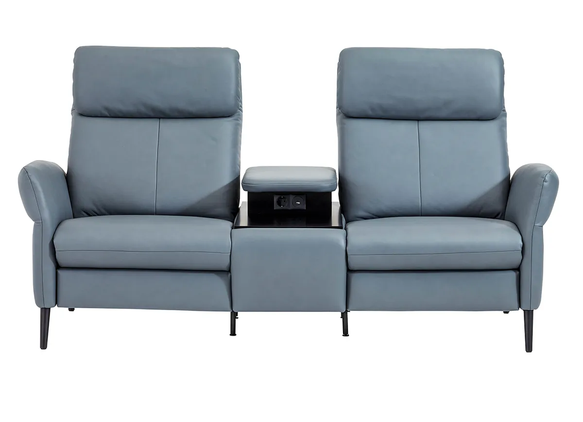 Sofa Fresno - 2-Sitzer mit Zwischenelement schwarz, inkl. Tisch/USB/Steckdose, Leder, Hellblau