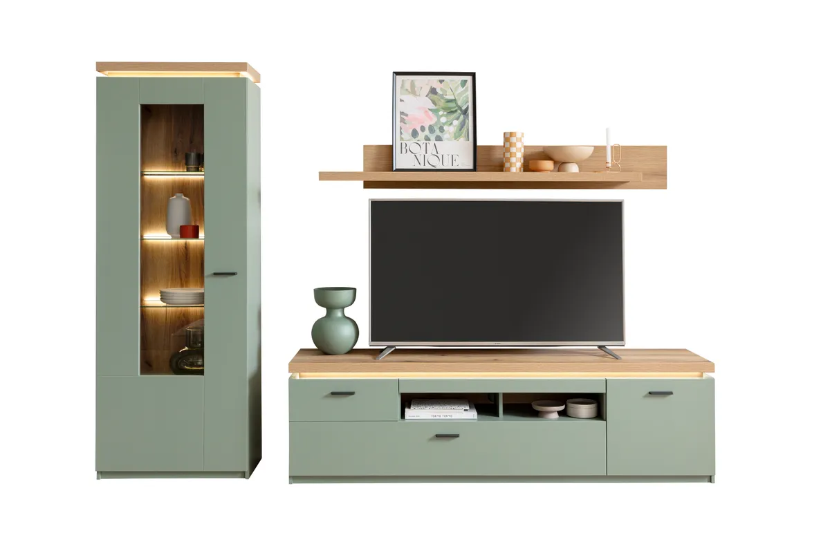 Wohnwand - mit Beleuchtung und Fernbedienung, Salbeigrün, Eiche Evoke Nachbildung