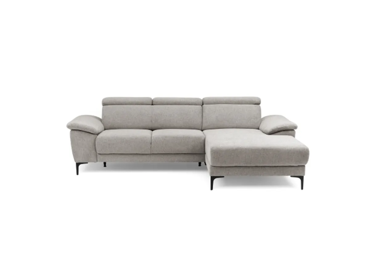 Ecksofa EZRA - 2-Sitzer, Ecke rechts inkl. Kopfteilverstellungen, Relaxfunktion im Longchair, Stoff, Taupe
