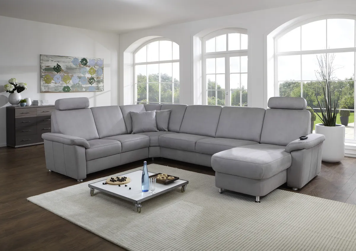 Wohnlandschaft - Ecke links, 2,5-Sitzer, Longchair rechts in Stoff Hellgrau